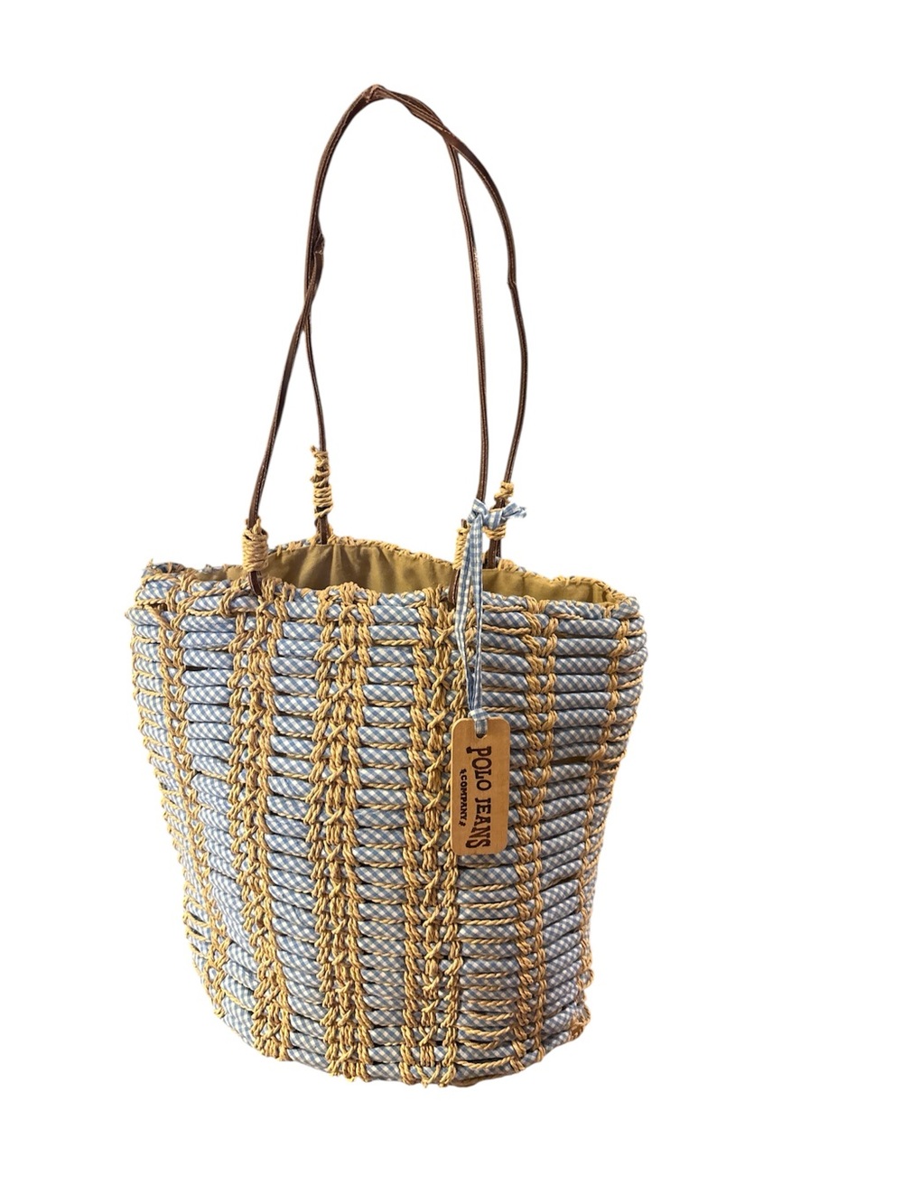 Y2K Ralph Lauren Polo Jeans Co woven blue white gingham straw tote bag